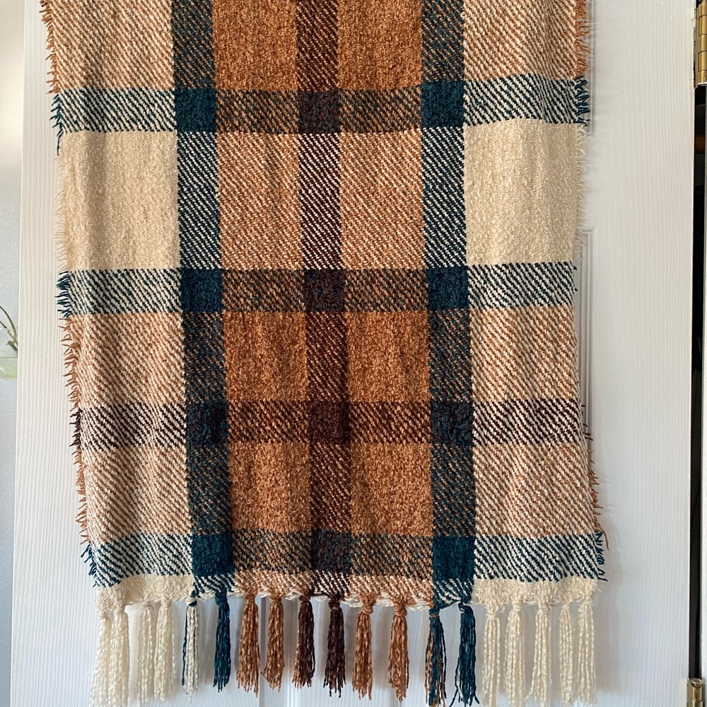 Blue and rust fringe fall scarf